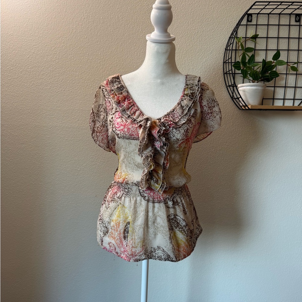 Y2K mesh floral ruffle blouse